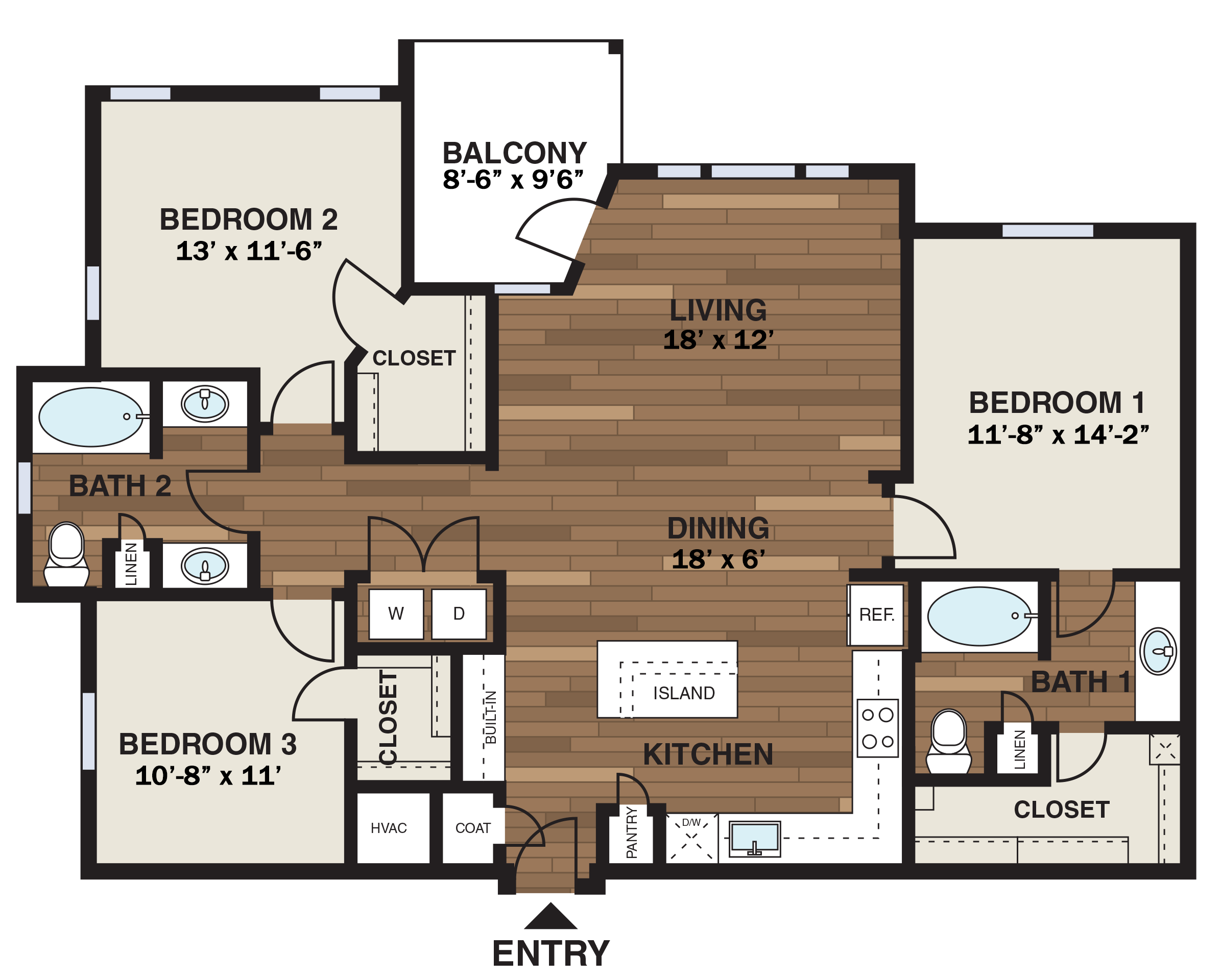 Floor plan for 3 beds, 2 baths, 1392 sqft